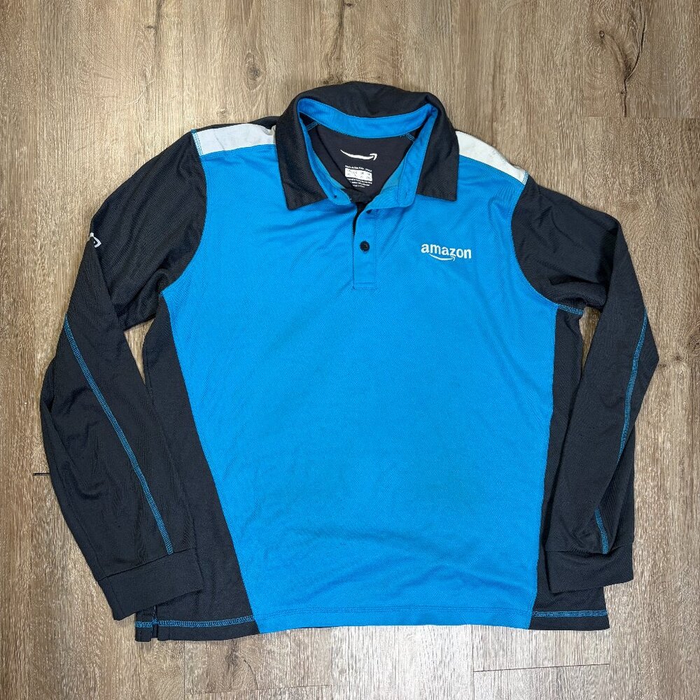 Amazon Polo Shirt Mens XL Blue Reflective Uniform Long Sleeve Lily Yang